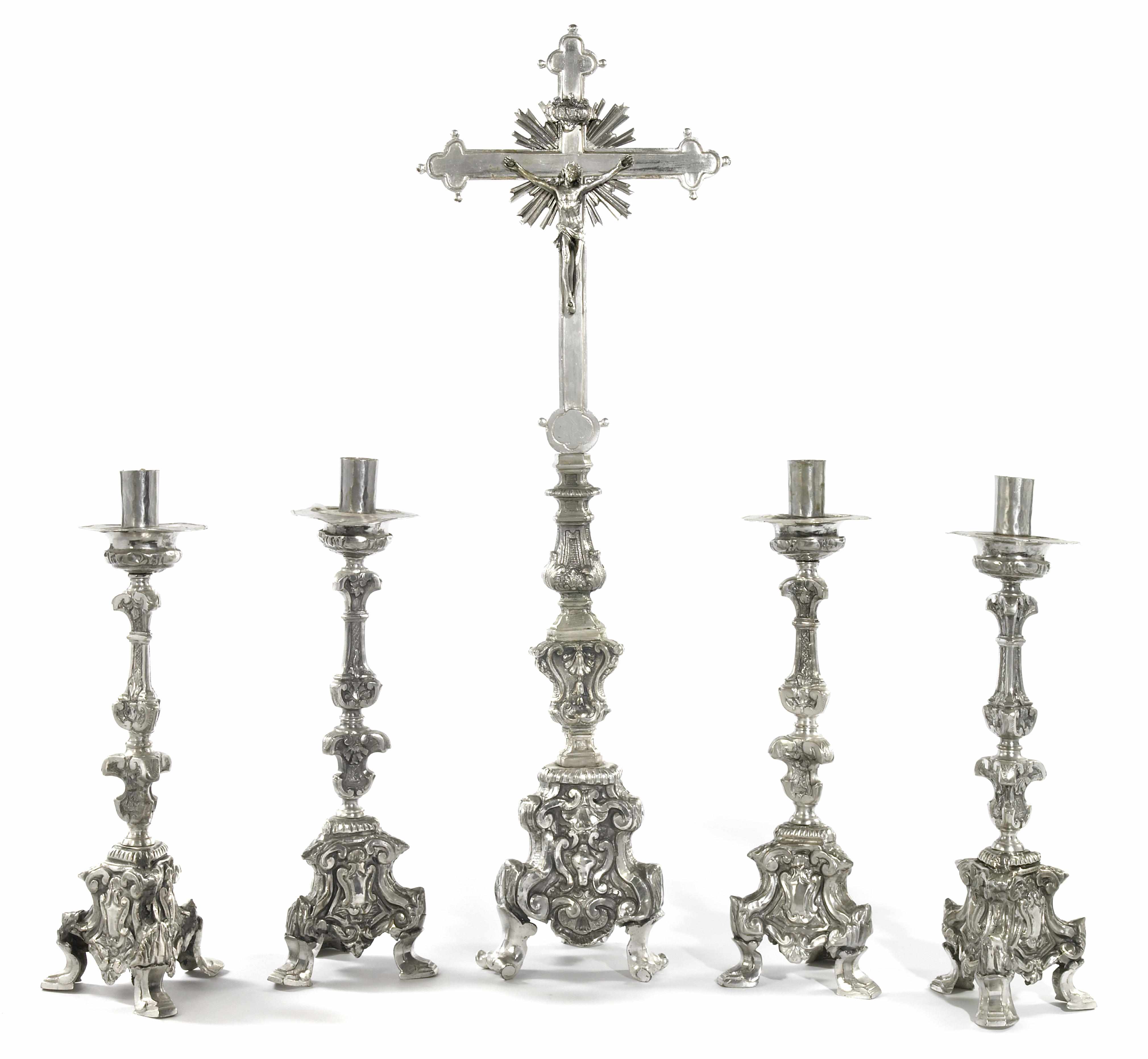 Appraisal: A set of four Baroque style silvered metal candlesticks and