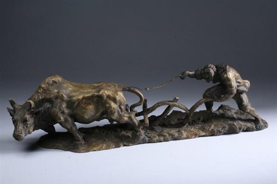 Appraisal: ANONYMOUS Chinese th century PEASANT AND BUFFALO bronze - in