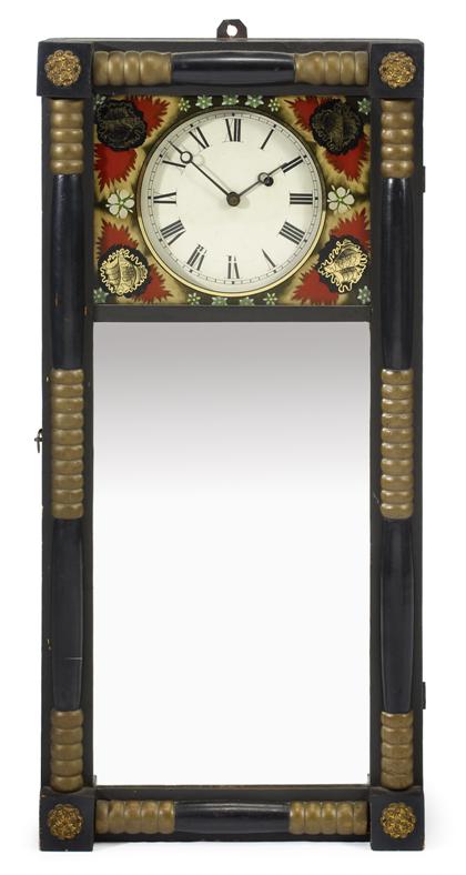 Appraisal: Ebonized shelf clocks hell leaf and floral eglomis panel and