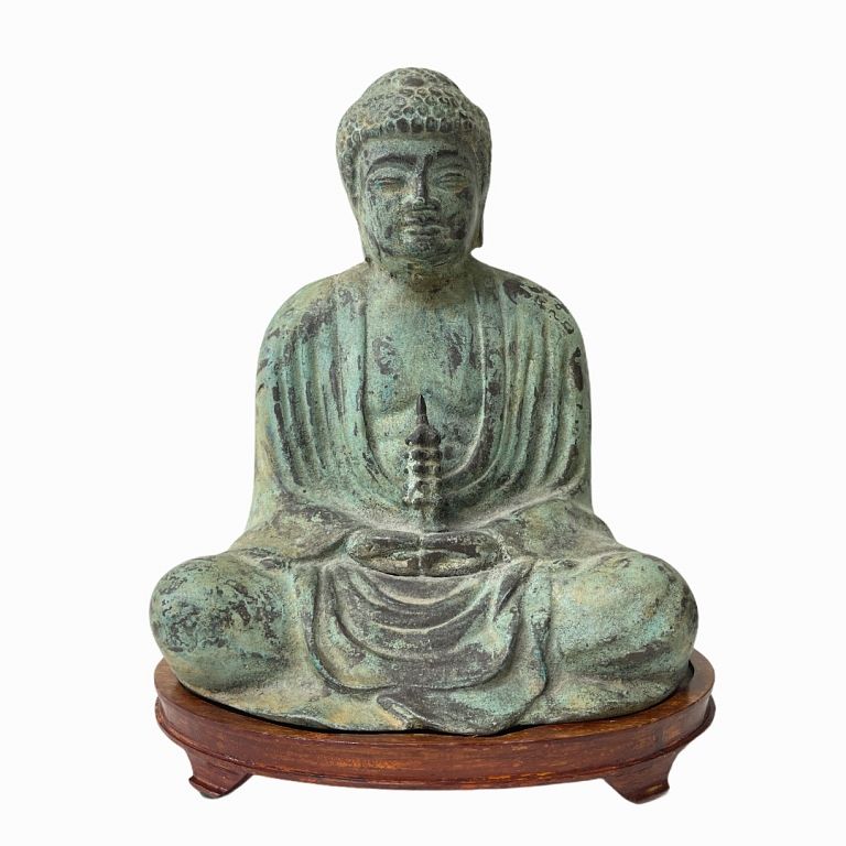 Appraisal: Antique Chinese Bronze Buddha Antique Patina Bronze Buddha with wooden