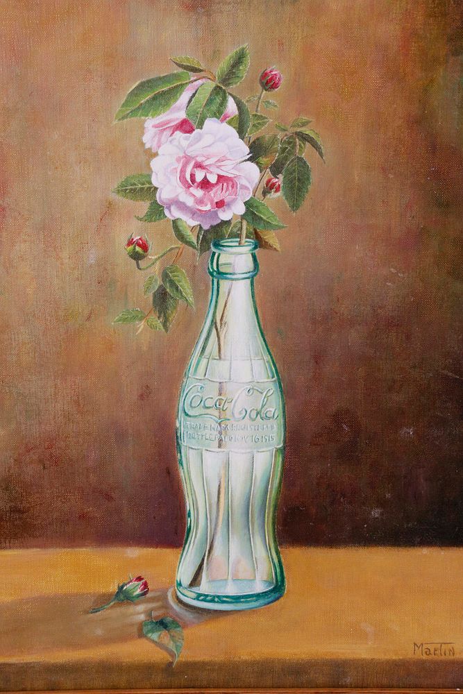 Appraisal: Oil on Canvas Floribunda Roses in a Vintage Coca-Cola Bottle