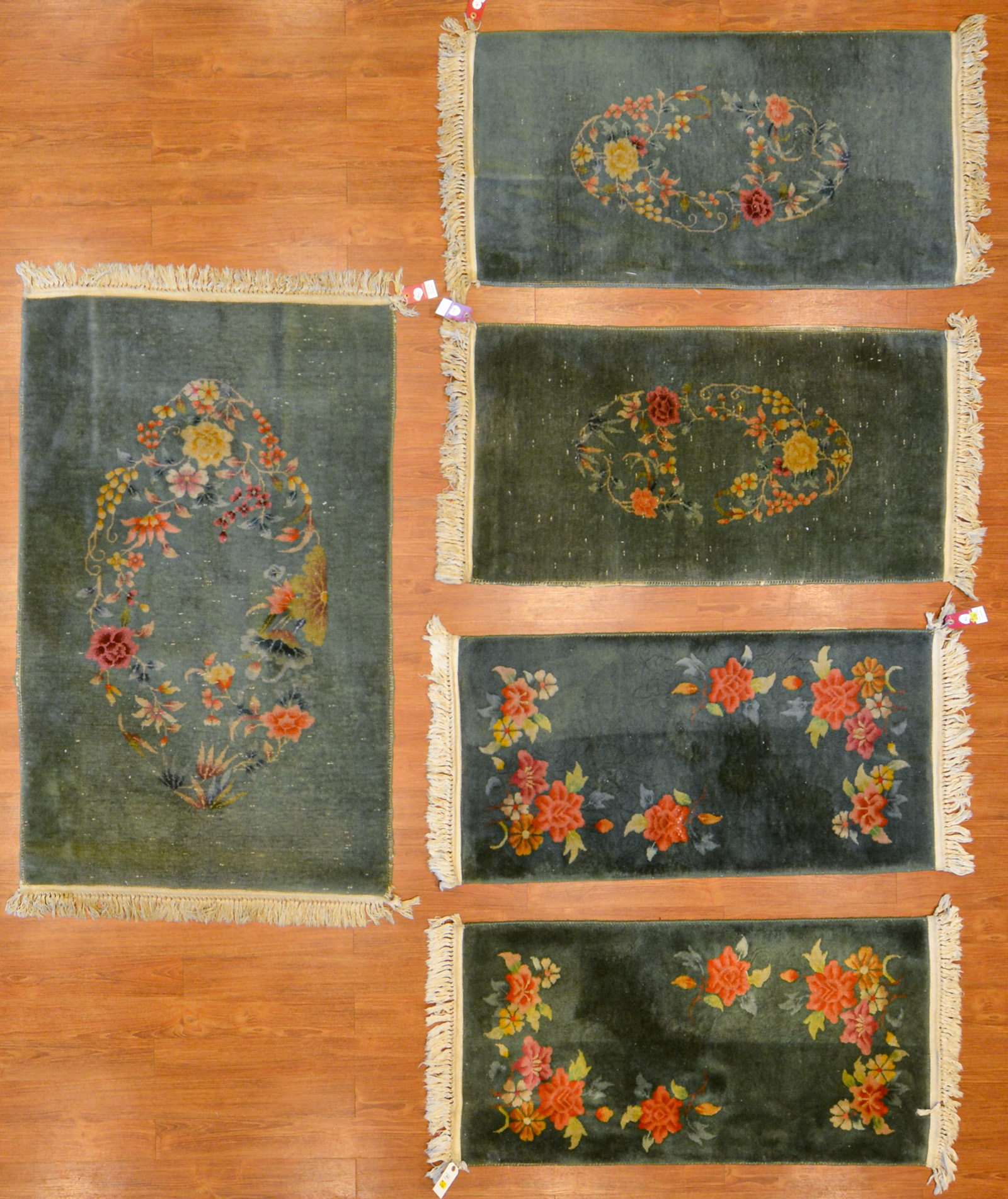 Appraisal: FIVE SEMI-ANTIQUE NICHOLS SCATTER RUGS CHINA Second quarter- th century