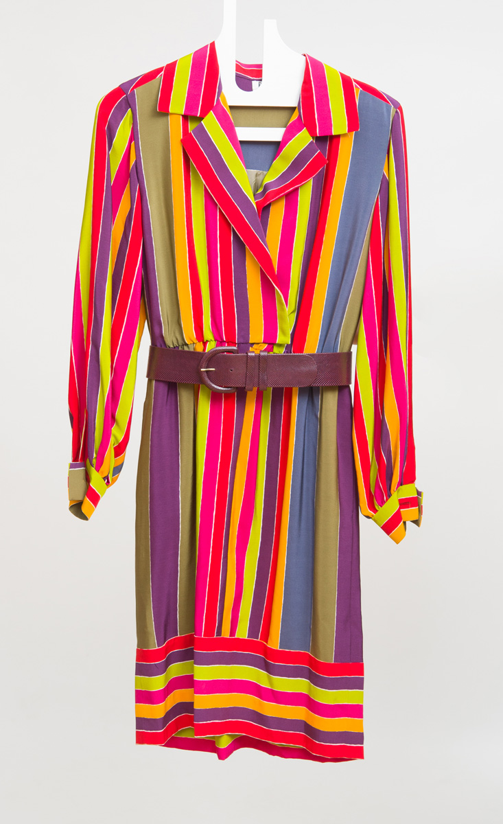 Appraisal: BILL BLASS STRIPED SILK DAY DRESS WITH FAUX SNAKESKIN BELT