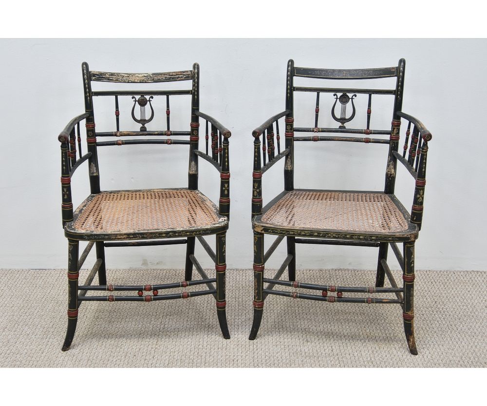 Appraisal: Pair of Carved and Painted Regency Armchairs Pair of carved