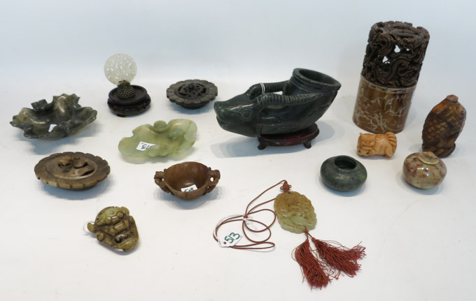 Appraisal: COLLECTION OF ASSORTED CHINESE SOAPSTONE AND OTHER HARDSTONES fifteen pieces