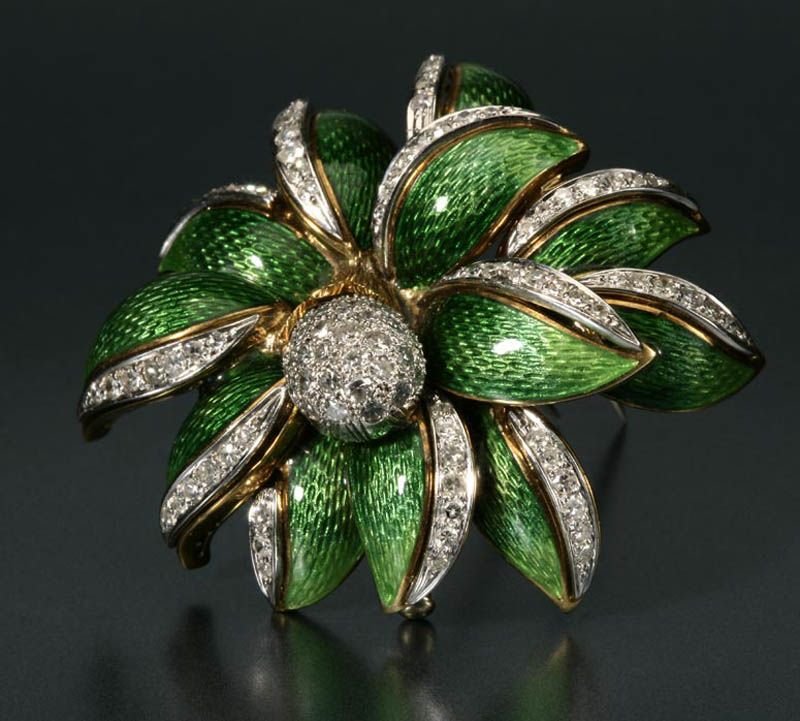 Appraisal: An Italian gold enamel and diamond flower brooch An Italian