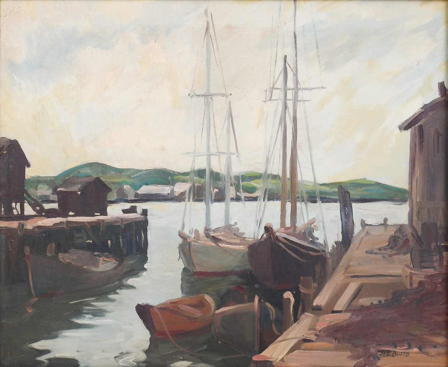 Appraisal: BUTTS H E American th Century Dock Scene Oil Canvas