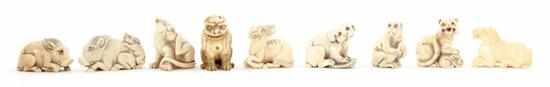 Appraisal: Japanese carved ivory netsuke Meiji period animal figures comprising shishi