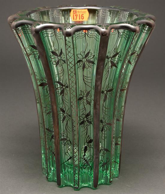 Appraisal: French Art Deco silver-plate on green glass vase marked P