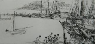 Appraisal: John Winkler etching John Winkler American - - ''Wrecked Ferries''-