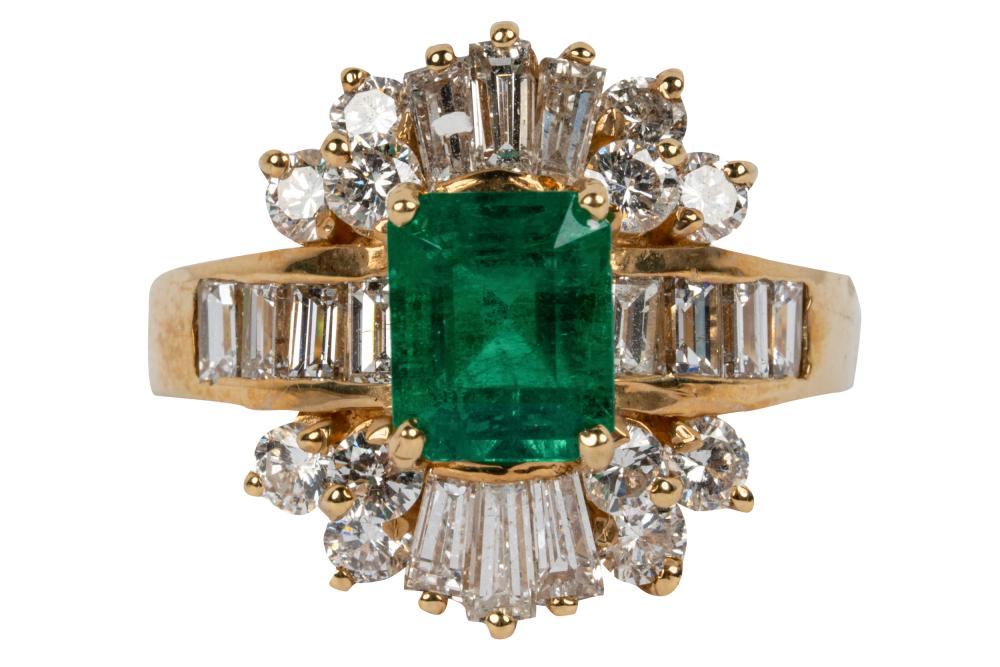 Appraisal: KARAT YELLOW GOLD EMERALD DIAMOND RINGcentering one cut corner rectangular