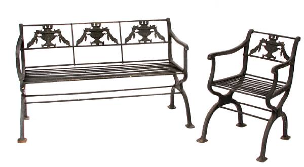 Appraisal: A Neoclassical style cast metal bench and side chair height