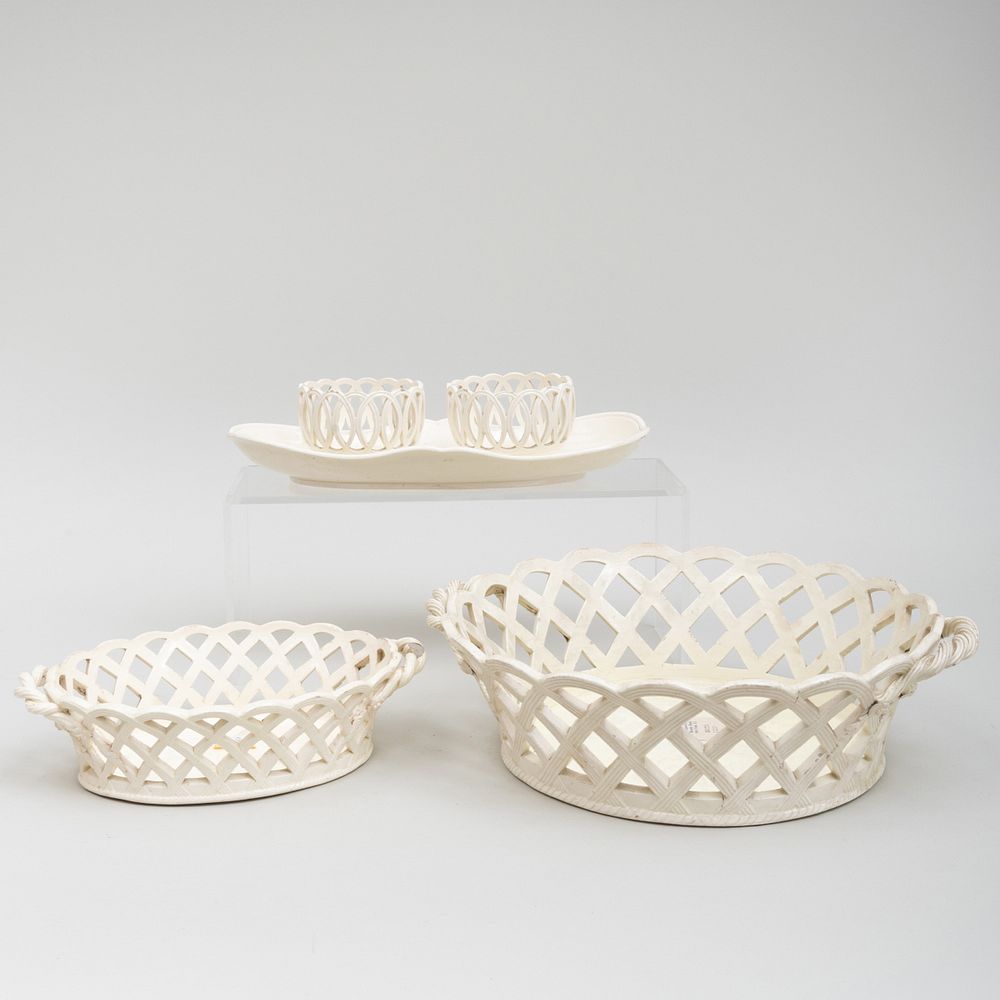 Appraisal: Three English Creamware Reticulated Serving Pieces Comprising Two baskets A