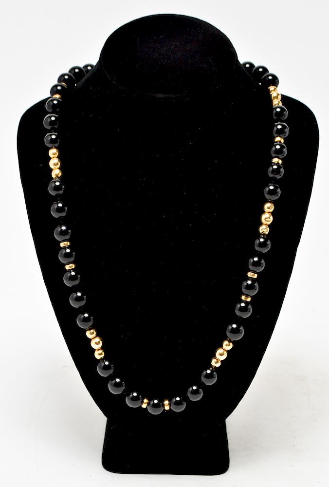 Appraisal: K Yellow Gold Black Onyx Beads Necklace K yellow gold