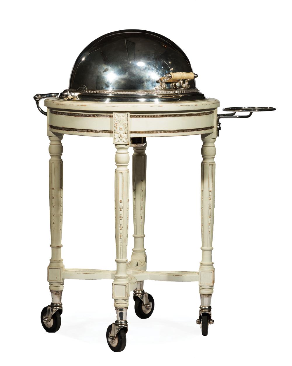 Appraisal: Louis XVI-Style Creme Peinte and Chrome-Mounted Carving Trolley revolving domed