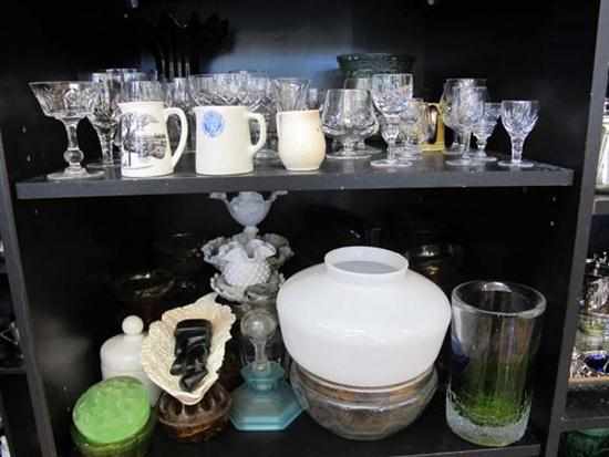 Appraisal: TWO SHELVES OF ASSORTED GLASS INCL ART GLASS MILK GLASS