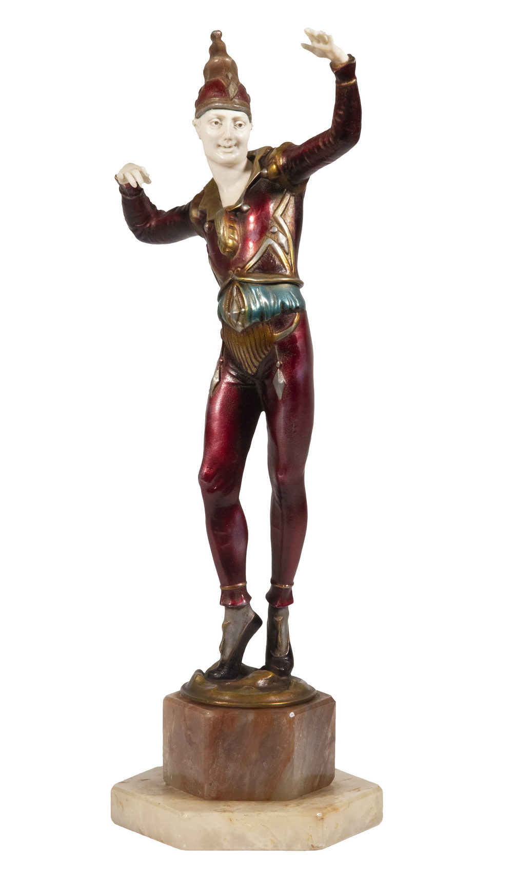 Appraisal: ART DECO BRONZE FIGURAL SCULPTURE Standing Male Harlequin cold painted