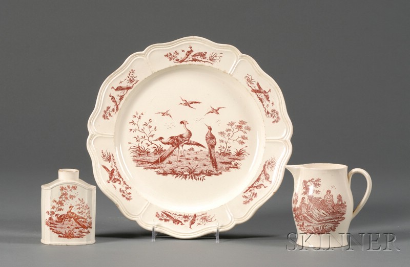 Appraisal: Three Red Transfer Printed Creamware Items England late th century