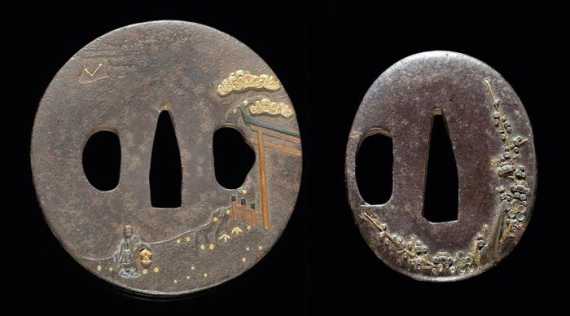 Appraisal: TWO IRON NAGA-MARUGATA TSUBA IROE TAKAZ GAN Japan Edo period