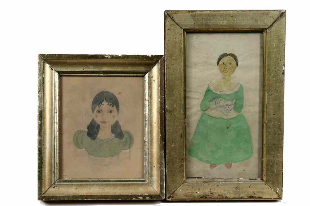 Appraisal: PAIR NAIVE WATERCOLORS - Portraits of Young Girls both in