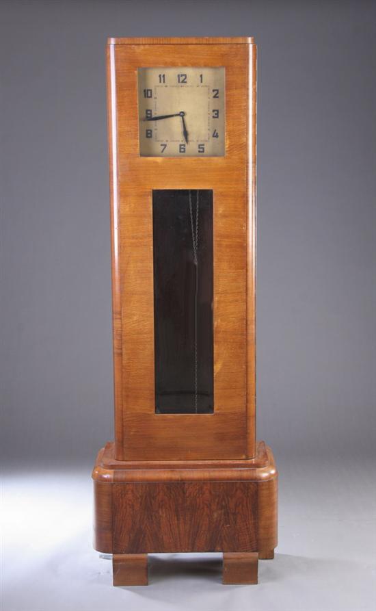 Appraisal: ART DECO WALNUT TALL CASE CLOCK circa Stepped rectangular crown