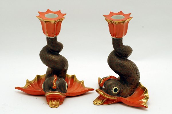 Appraisal: Pair of Herend dolphin candlesticks handpainted in brown and orange