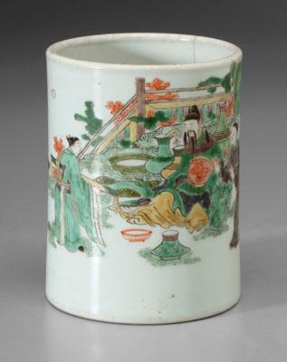 Appraisal: Chinese famille verte brush pot court official seated in garden