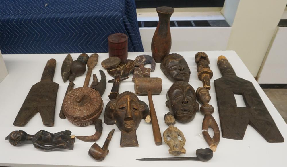 Appraisal: COLLECTION OF AFRICAN CARVED WOOD MASKS FIGURES AND BASKETSCollection of