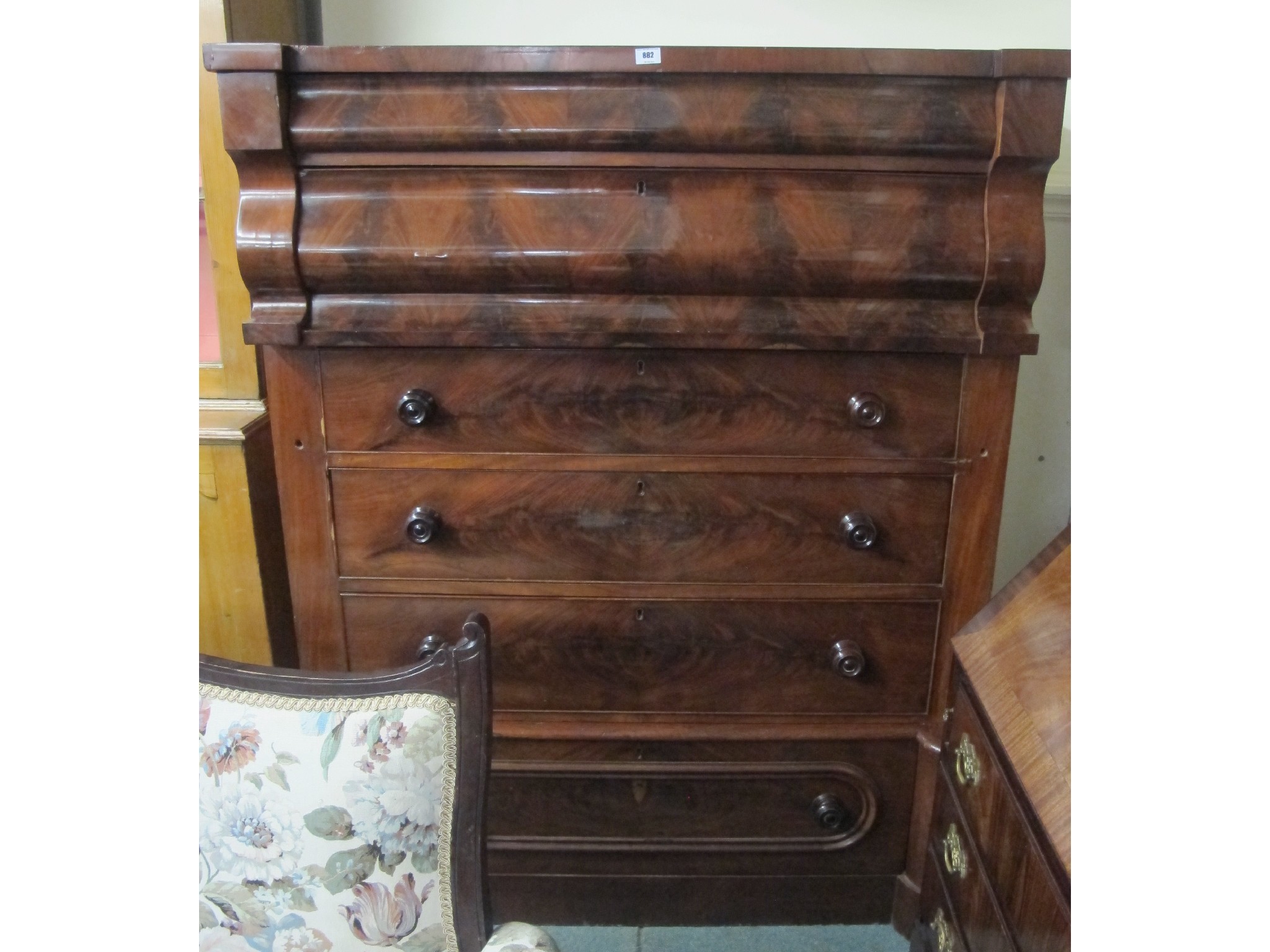 Appraisal: Victorian flame mahogany ogee chest of drawers