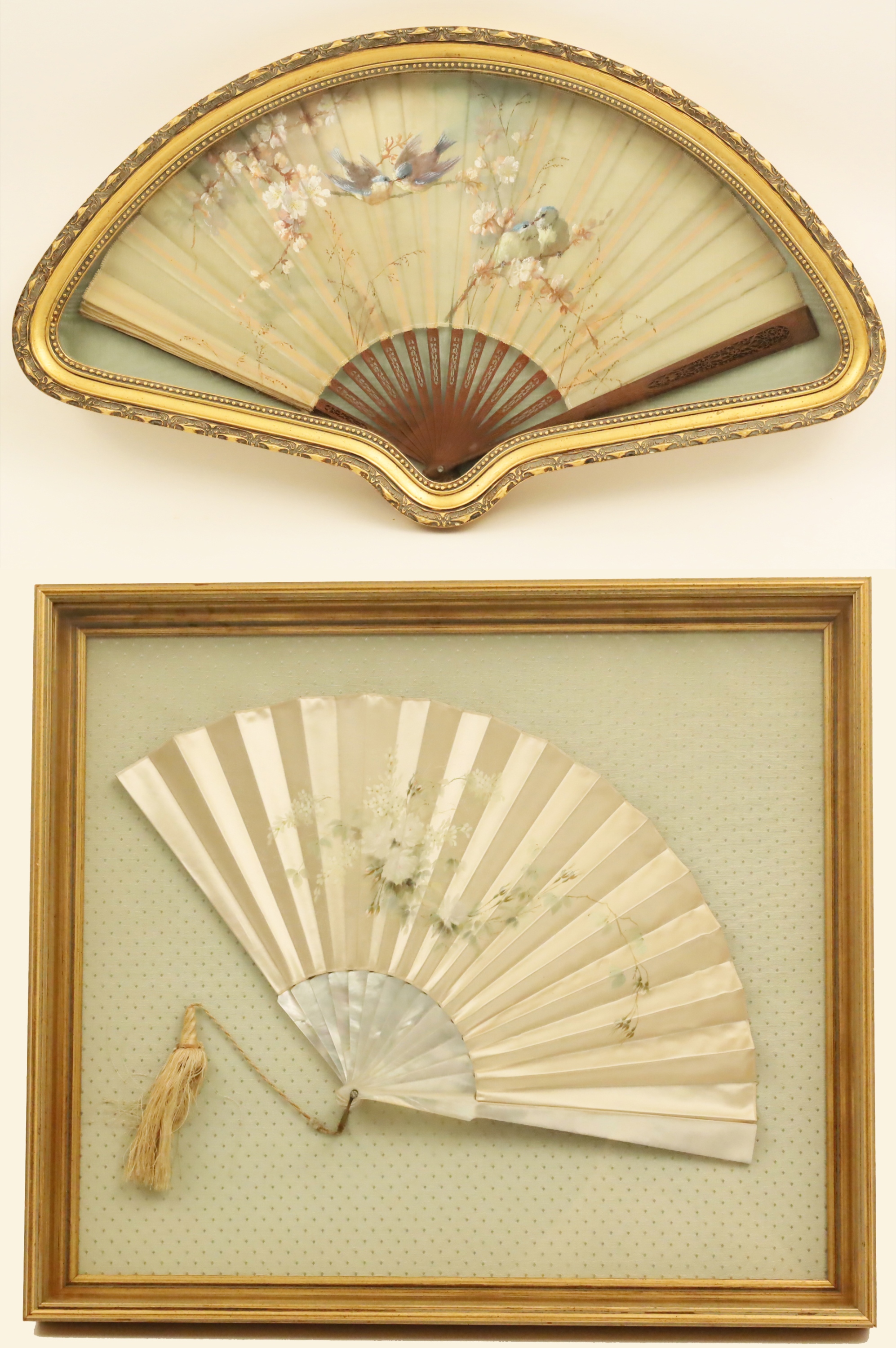 Appraisal: TWO HANDPAINTED FANS IN SHADOW BOX FRAMES Both fans are