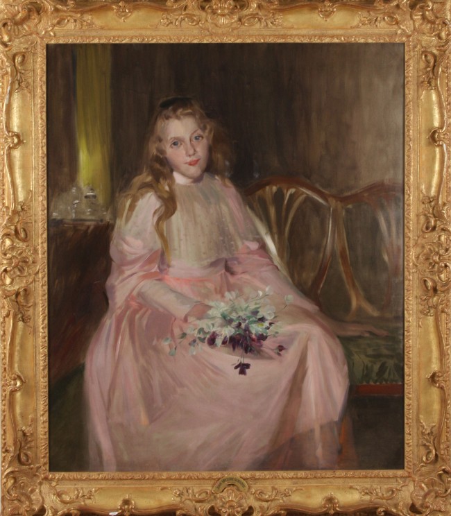 Appraisal: Girl in pink dress holding flowers x oil on canvas