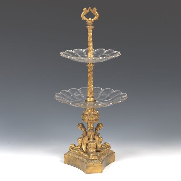 Appraisal: BRASS TIERED PASTRY STAND H x Brass with three siren