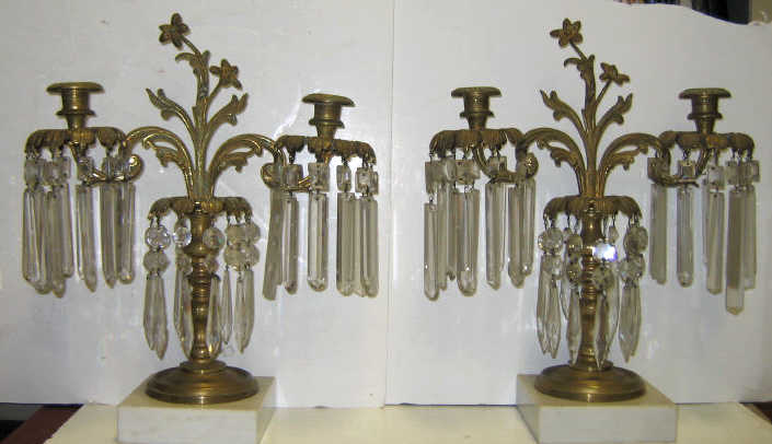 Appraisal: PAIR OF GILT METAL PRISMED CANDELABRA Two arms and central