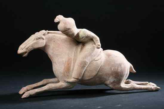 Appraisal: CHINESE POTTERY FIGURE OF FEMALE EQUESTRIAN Tang Dynasty - in