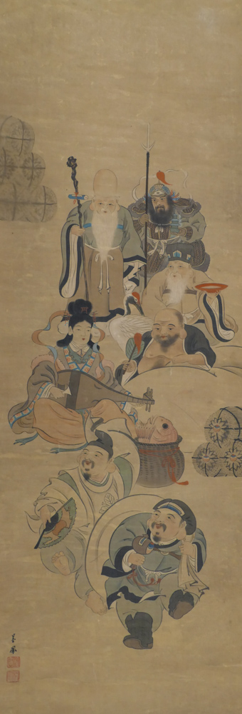 Appraisal: Old Japanese Seven Lucky Gods Scroll Painting ''x ''