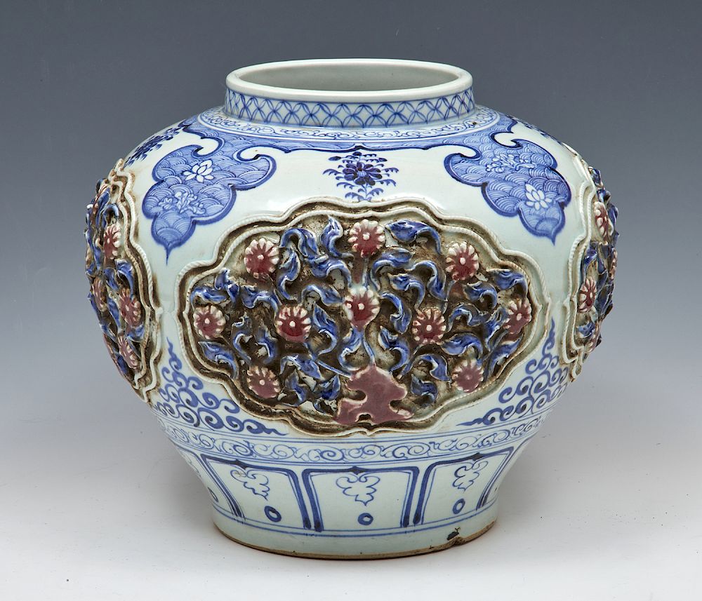 Appraisal: Large Carved Blue White And Copper Red Jar Yuan Period