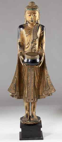 Appraisal: Large Asian Buddhist Monkcontemporary carved wood polychrome and gilt the