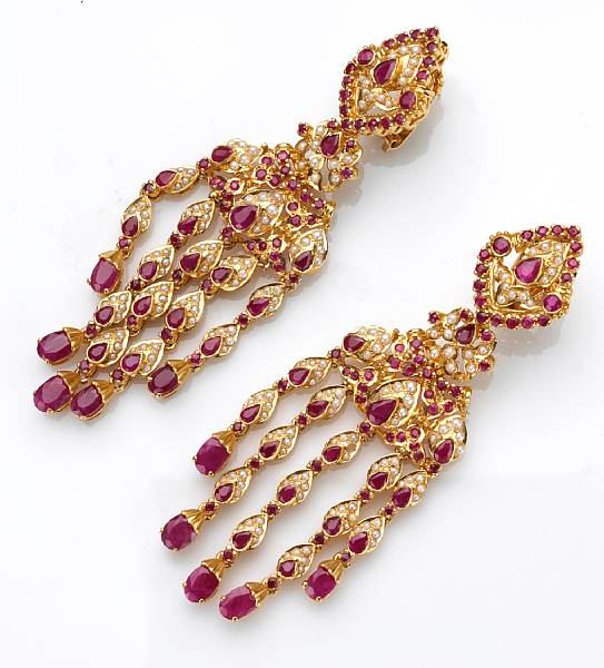 Appraisal: A pair of ruby seed pearl and k gold earrings