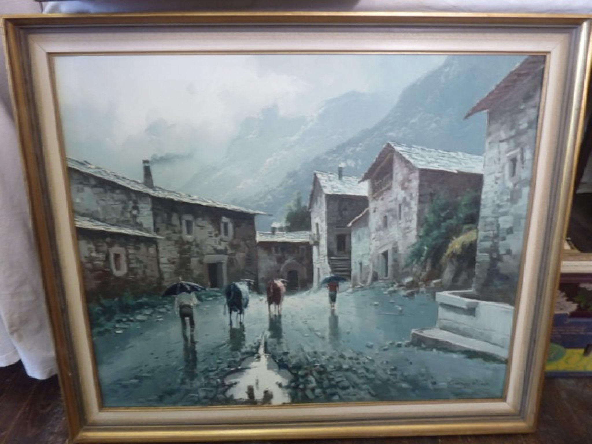 Appraisal: An oil painting on canvas of an Italian style farmyard