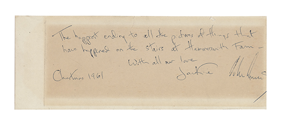 Appraisal: KENNEDY JOHN F AND JACQUELINE BOUVIER Autograph Inscription by Jackie