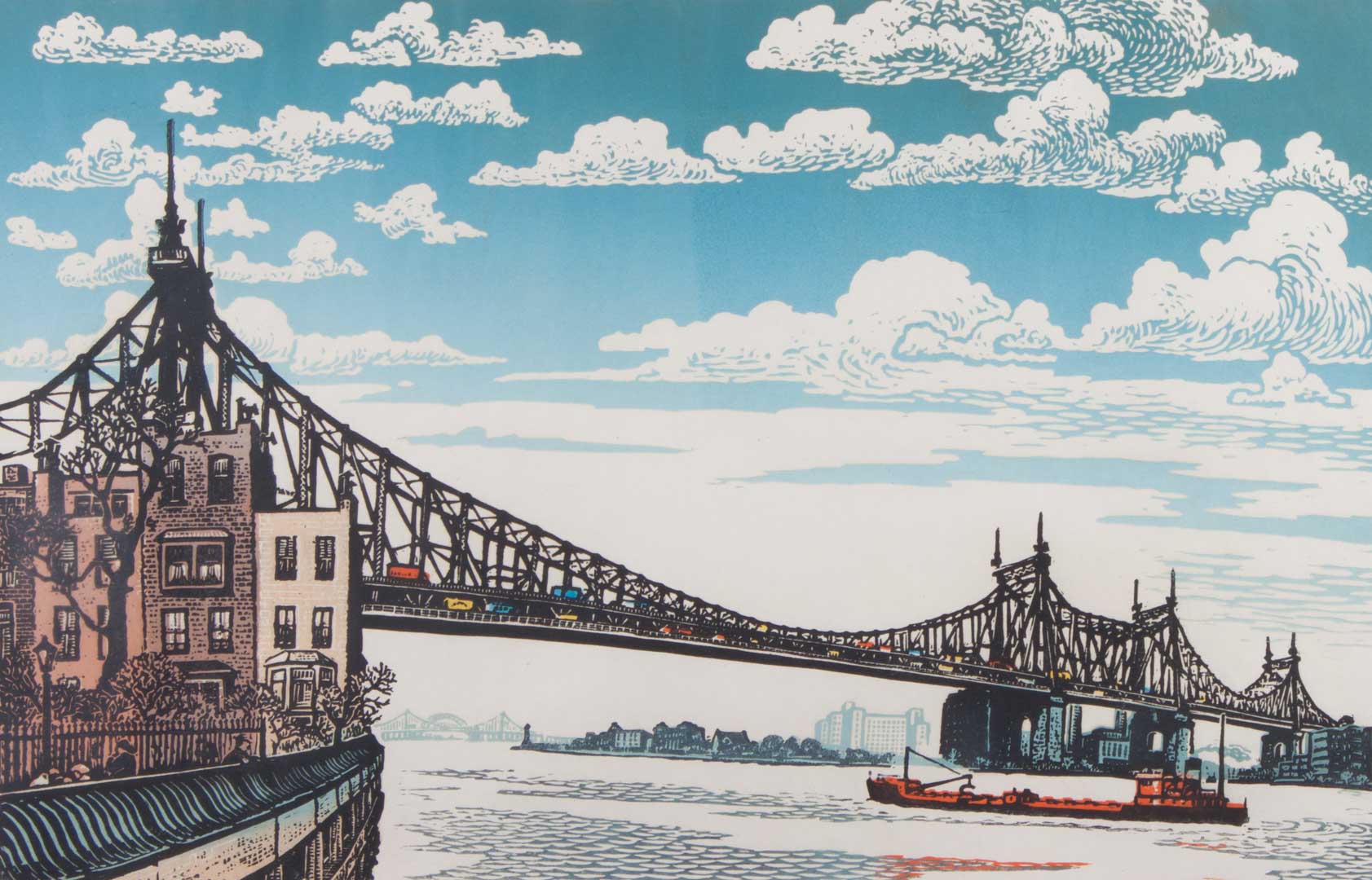 Appraisal: Woldemar Neufeld Under Queensboro Bridge woodcut Russian American - Color