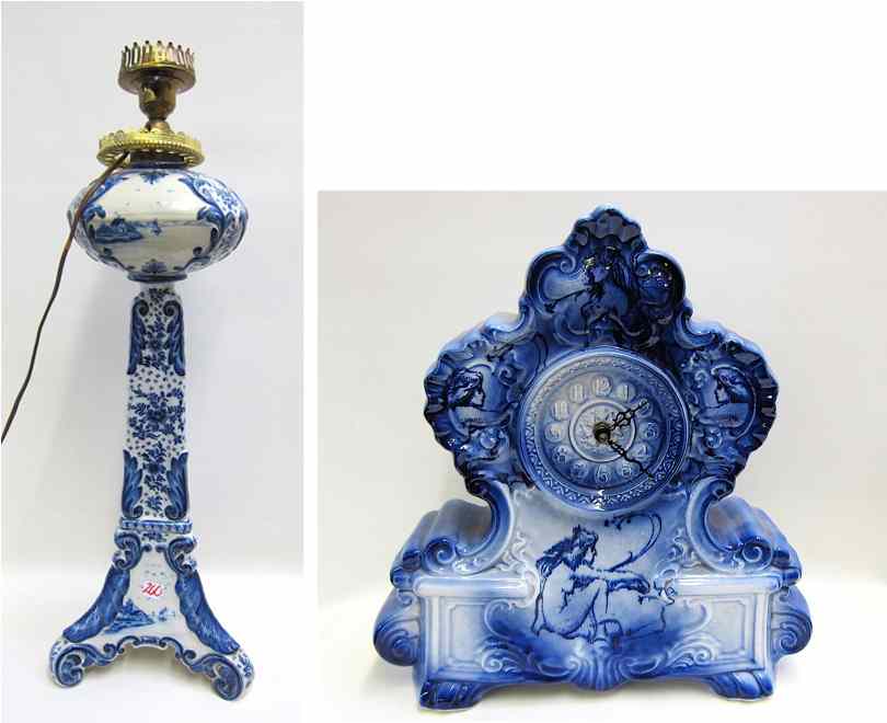 Appraisal: BLUE WHITE PORCELAIN TABLE LAMP AND MANTLE CLOCK pieces The