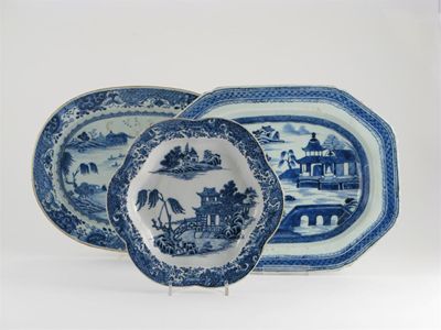 Appraisal: Four Chinese blue and white dishes three decorated with pagoda