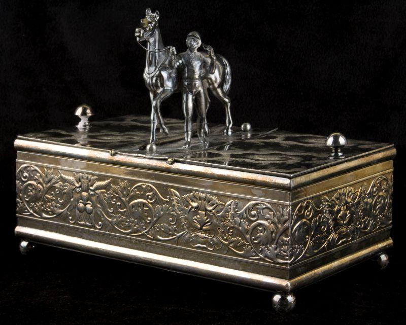 Appraisal: Silverplate Horse Jockey Humidor by Derby of rectangular form with