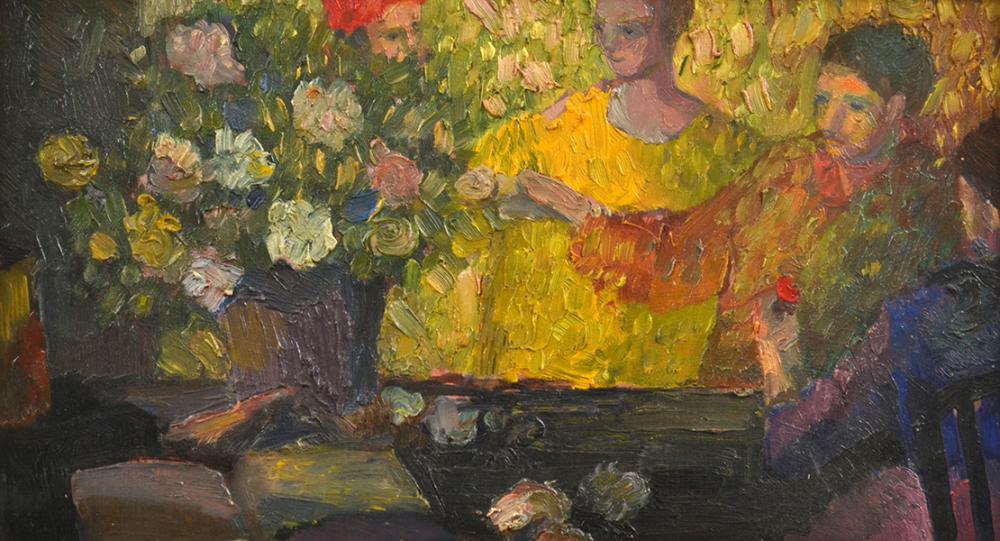 Appraisal: BRIAN DUNLOP - Figures and Flowers oil on board signed