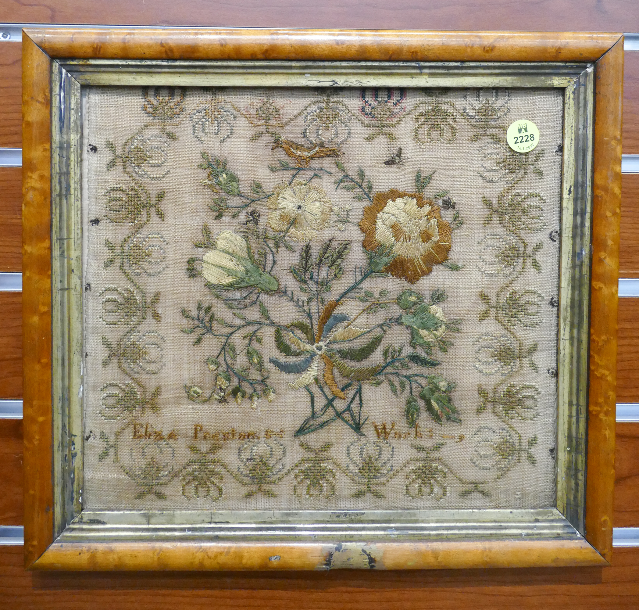 Appraisal: Antique Eliza Preston Floral Needlework Framed- x ''