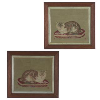 Appraisal: Pair Fine Antique wool needleworks of calico cats Pair Fine