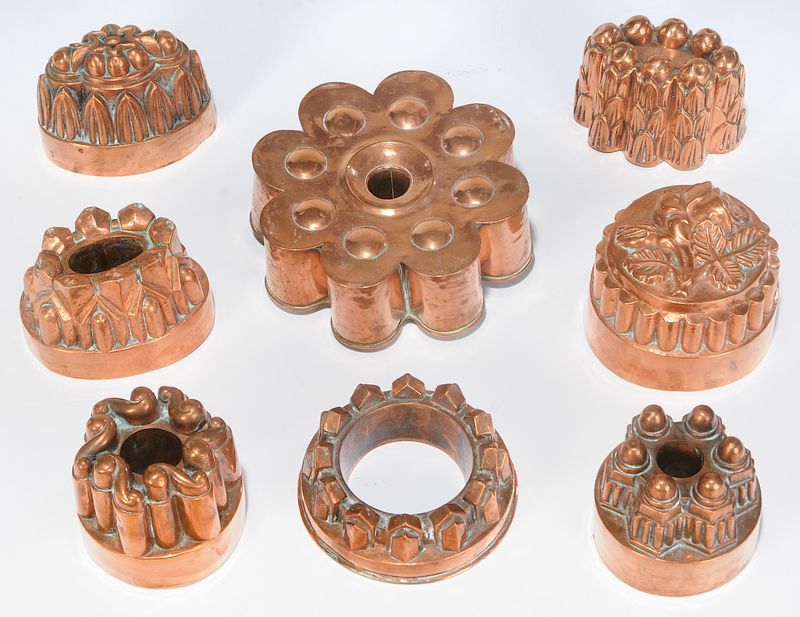 Appraisal: Eight French Copper Food Molds th century comprising one eight-petaled