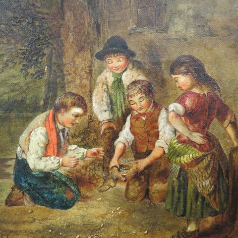 Appraisal: th Century Oil children with birds nest outside a farmhouse