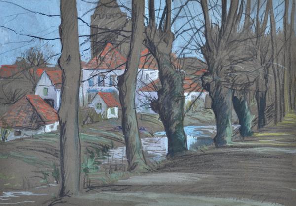 Appraisal: CONSTANCE JENKINS - French Village gouache and charcoal CONSTANCE JENKINS